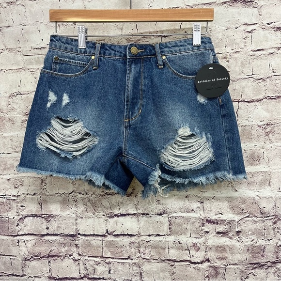 Articles Of Society Distressed Medium Wash Denim Shorts - Picture 1 of 8